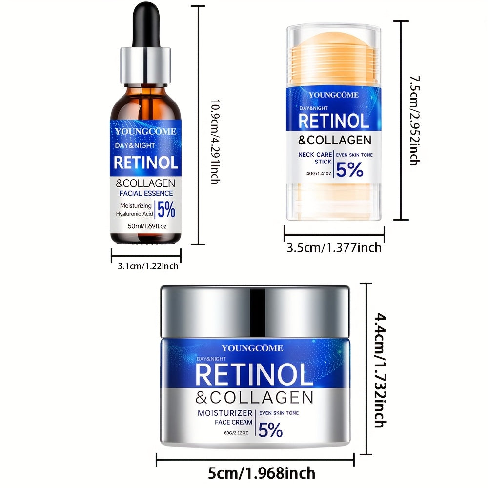 YOUNGCOME Retinol+collagen complex+hyaluronic acid Light Beige care set, powerful moisturizing face cream and firming essence, three piece neck care stick, alcohol free, suitable for all Light Beige types,make Light Beige you