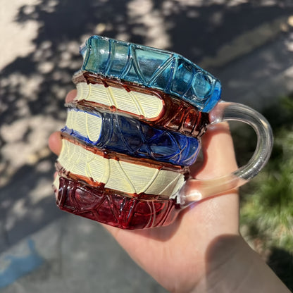 1pc Hand-Painted Book Stack Design Coffee Mug - 7/12oz Stackable Glass Cup with Vibrant Blue, Orange, Red & Yellow Stained Glass Art, Reusable Novelty Gift for Book Lovers, Librarians, Women'S Book Clubs & Literature Enthusia