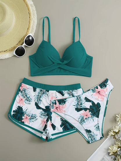 Floral Leaf Print Stretchy 3 Piece Set Swimsuits, Cross Spaghetti Strap Push Up Bikini & Boxer Shorts, Women's Swimwear & Clothing