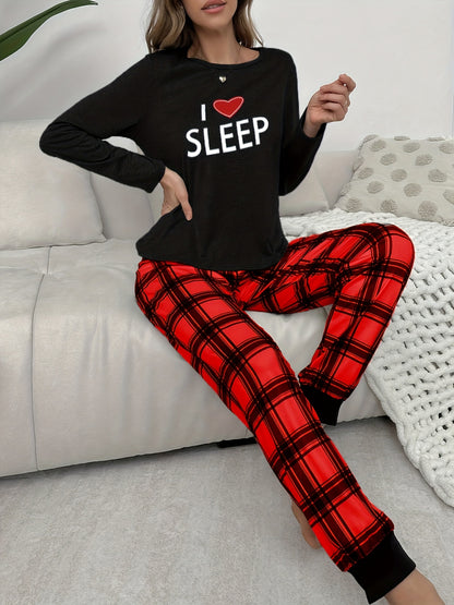 Autumn and Winter Women's Pajama Set with Long Sleeves, Pants, Cute Cartoon Heart Letter Print Plaid Lounge Wear