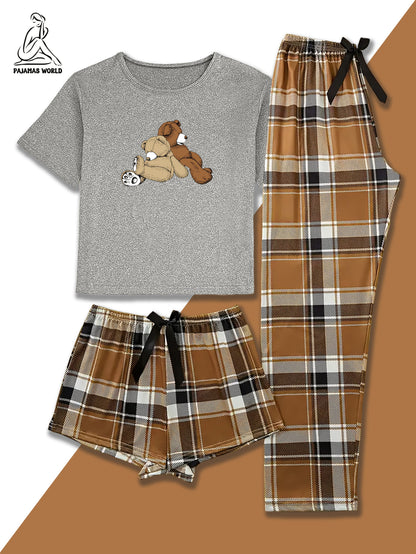 Conjunto de pijama casual para mulher com estampado de urso e xadrez - Blusa de manga curta macia e larga com cintura elástica, calças compridas e calções, roupa de dormir aconchegante para o outono/inverno