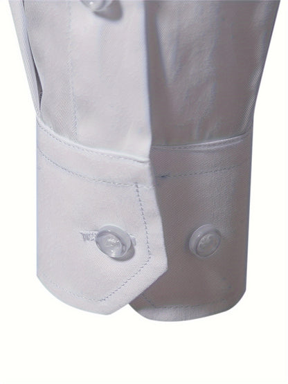 Camisola de homem de manga comprida com corte slim - 55% algodão, 40% poliéster, 5% elastano, cor lisa, para todas as estações, tecido plano, fecho com botões, gola de lapela, ideal para o fim de semana, 125 g/m²