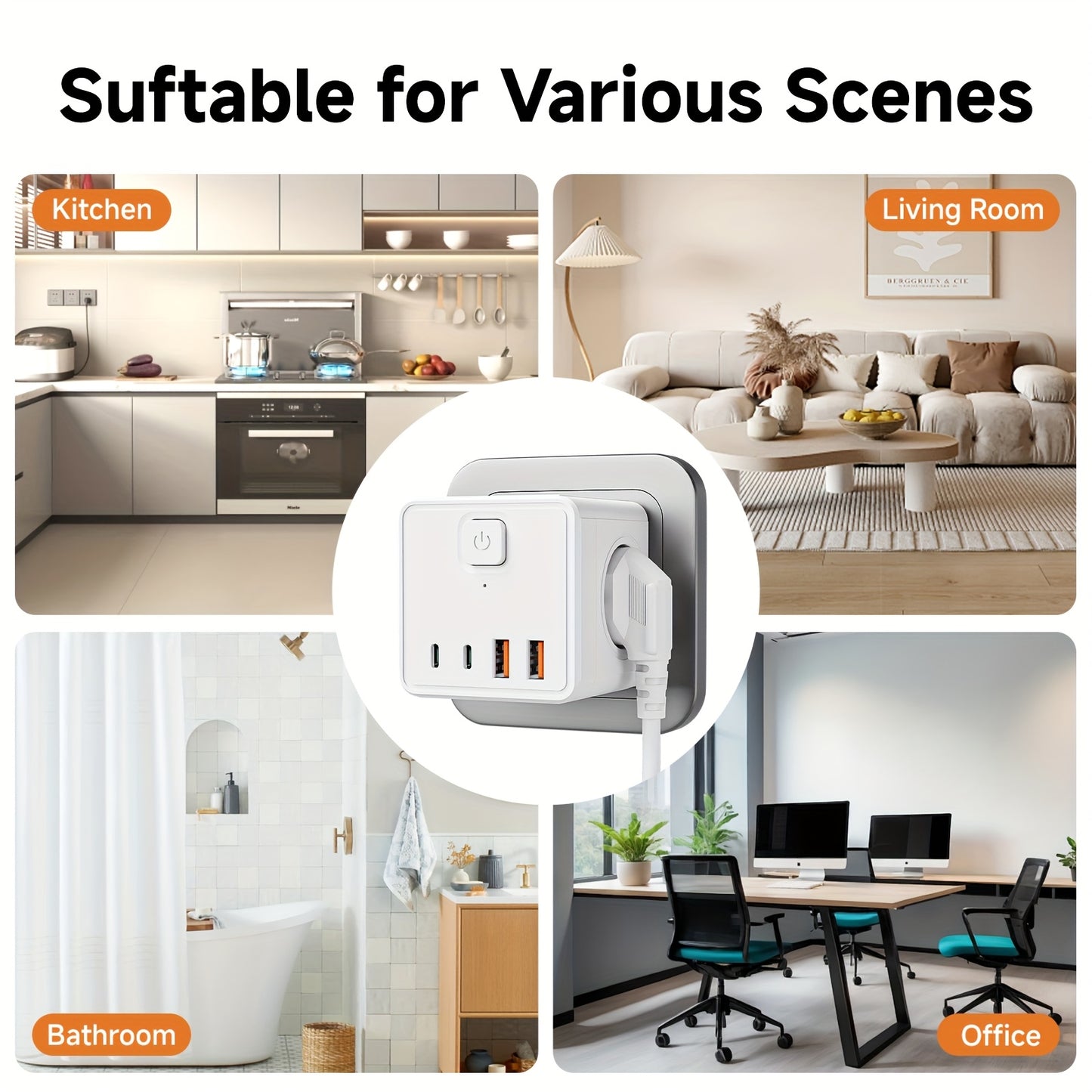 7-in-1 EU Wall Power Strip, 3 AC Outlets & 2 USB & 2 Type-C & with 1 Switch, Suitable for Home, Office, Travel, Computer, White and Black