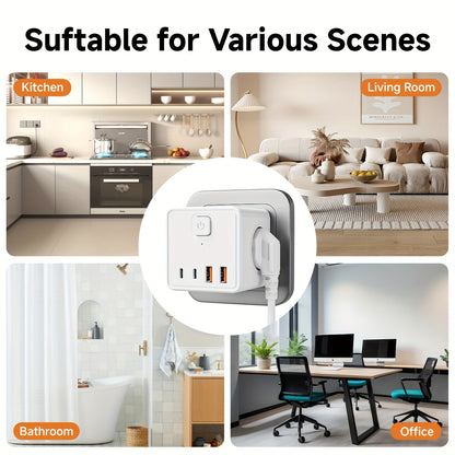 7-in-1 EU Wall Power Strip, 3 AC Outlets & 2 USB & 2 Type-C & with 1 Switch, Suitable for Home, Office, Travel, Computer, White and Black