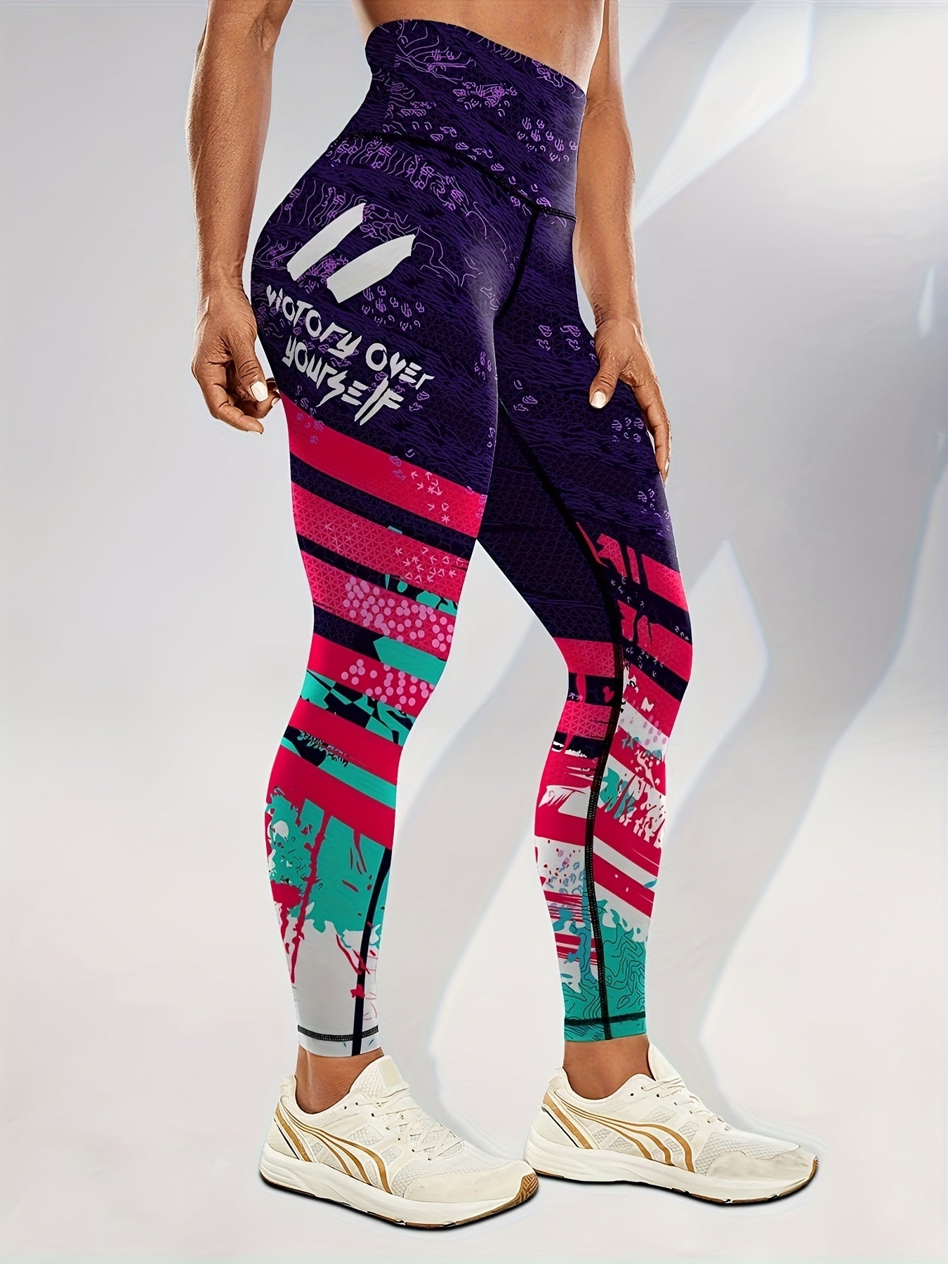 Women's Fashion Color Block Splash Print Yoga Pants, Striped Print Breathable Stretchy Butt Lifting Yoga Workout Running Sports Leggings, Women's Activewear