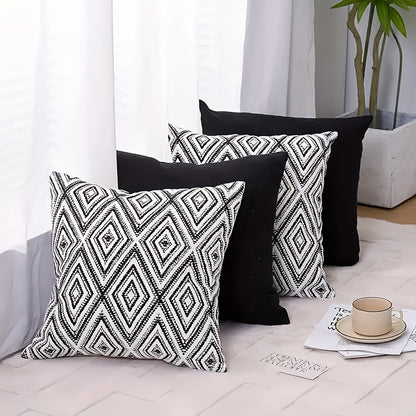 4pcs Bohemian Geometric Print Square Throw Pillows - Black & White Modern Boho Decor with Zipper Closure, Machine Washable Cushions for Sofa, Bed, Living Room, Kitchen - 14x14, 16x16, 18x18, 50.8x50.8 cm - Single-Sided Decora