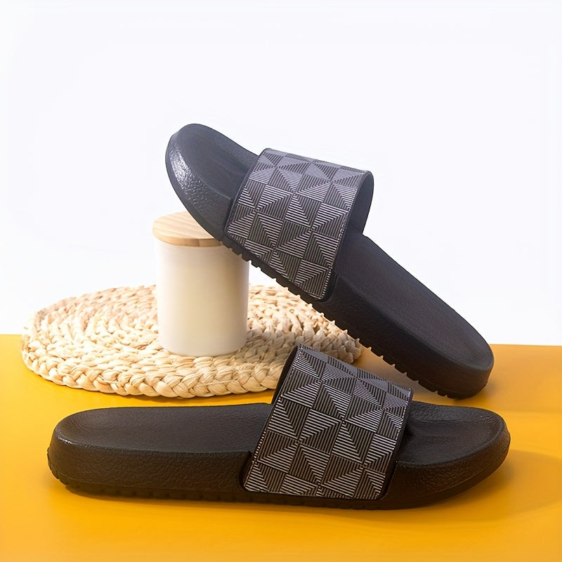Men's Summer Slide Sandals - Non-Slip Soft Sole Casual Slippers with Geometric Pattern, Black & Gray, Comfortable for Indoor & Outdoor Use