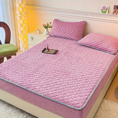 Conjunto de 3 peças de lençol de baixo e fronha em veludo macio e confortável, com enchimento grosso tipo sanduíche, excelente efeito de aquecimento, altura do lençol de baixo de 30 cm, estilo acolchoado, ideal para quarto de hóspedes e quarto de família.