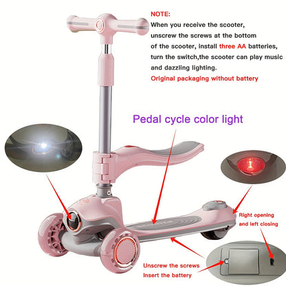 Kids Scooter with Foldable Seat & 2-in-1 Sit & Stand Modes, 5-Level Adjustable Handlebar, Pink with LED Lights & Music, 2-Wheel Stability, Front Brakes & Rear Suspension, Heavy-Duty Construction for Boys & Girls 3-12 Years (B
