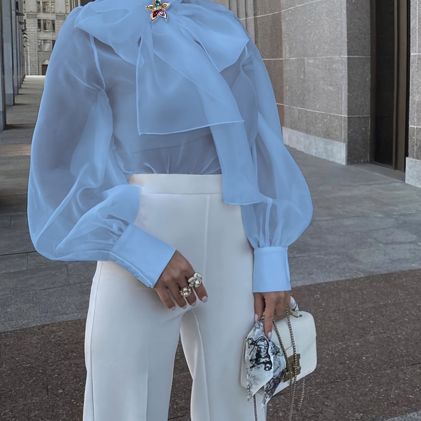 Elegant Plus Size Women'S Blouse with Sexy Bow Collar, Bubble Sleeves, and Pearl Accents - Chic Solid Color Non-Stretch Fabric for All Seasons, Plus Size Blouses