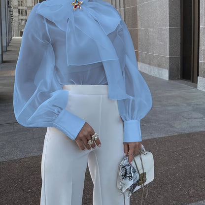 Elegant Plus Size Women'S Blouse with Sexy Bow Collar, Bubble Sleeves, and Pearl Accents - Chic Solid Color Non-Stretch Fabric for All Seasons, Plus Size Blouses