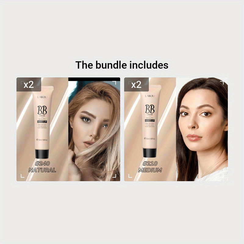 LAIKOU BB Cream à prova de água com cobertura total, tons naturais/marfim/bronzeado, 30ml, base de longa duração, controlo da oleosidade, uniformiza o tom da pele e disfarça os poros.