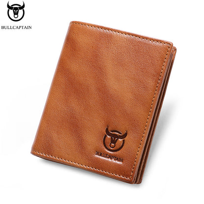 BULLCAPTAIN Men'S Genuine Leather Wallet, Handmade Full-Grain Cowhide, Large Capacity Multi-Card Holder, Driving License Slot, Sleek Black Embossed Logo, Business Style, Polyester Lined, Non-Braided, Secure Travel Wallet | St