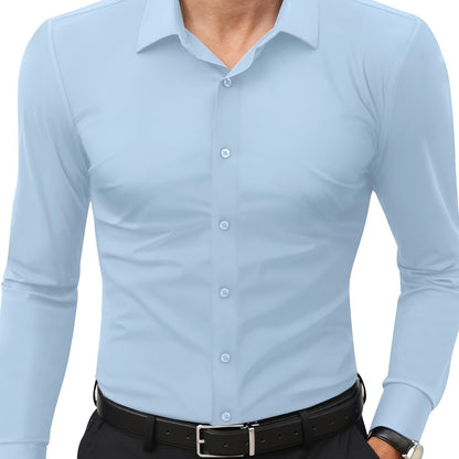 Camisola de homem de manga comprida com corte slim - 55% algodão, 40% poliéster, 5% elastano, cor lisa, para todas as estações, tecido plano, fecho com botões, gola de lapela, ideal para o fim de semana, 125 g/m²