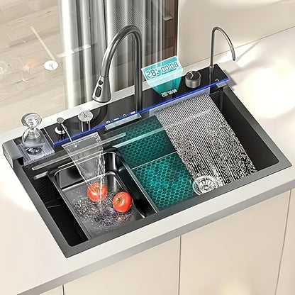 A Single-bowl Design Named 'Whale Rainfall Kitchen Sink' For Halloween And Christmas, Crafted From 304 Nanometre Stainless Steel. Features A Digital Display And Embossed Texture, Complete With Tap. Drainage Outlet Positioned