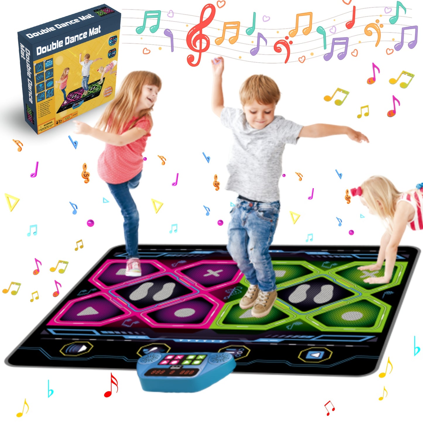 Tapete de dança duplo para crianças, tapete de ritmo e dança, brinquedo para oferecer a meninos e meninas, tapete de dança com luzes LED, volume ajustável, música integrada, 3 níveis de dificuldade (3 aos 12 anos)