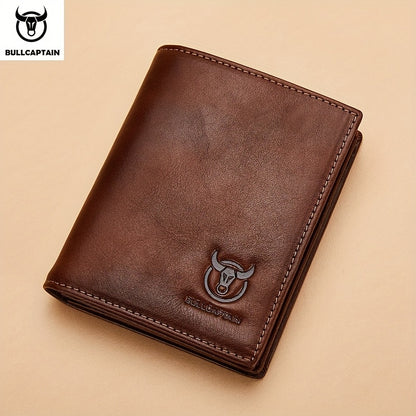 BULLCAPTAIN Men'S Genuine Leather Wallet, Handmade Full-Grain Cowhide, Large Capacity Multi-Card Holder, Driving License Slot, Sleek Black Embossed Logo, Business Style, Polyester Lined, Non-Braided, Secure Travel Wallet | St