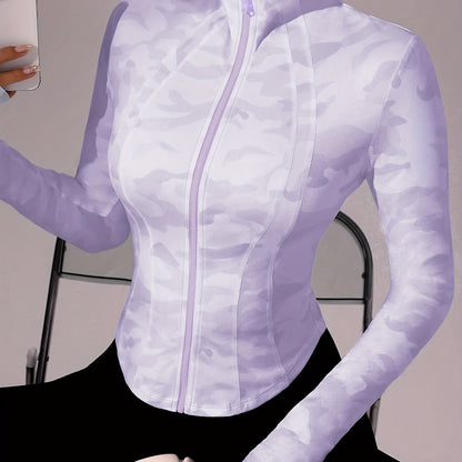 Zip-Up Stand Collar Sports Jacket, Half-Finger Long Sleeve Top with camouflage print, suitable for outdoor fitness, hiking, golf, tennis, badminton, bowling, daily walks and shopping, gym/home training, meditation, versatile.