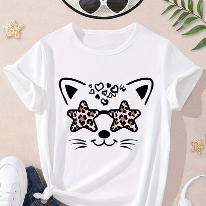 Girls Funny Kitty Print Short Sleeve T-shirt Summer Clothes Gift