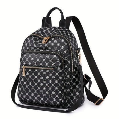 Women's Clover Backpack - Large Capacity, Adjustable Straps,, Zip Closure, Geometric Pattern, Beige//Black, Casual College Style, Perfect for Students and Travel, Backpack for School