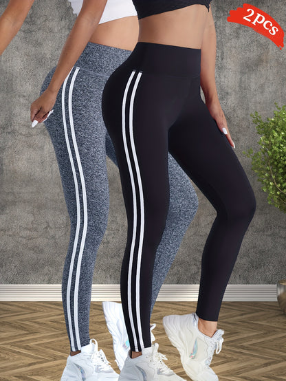 2pcs Women'S High-Waisted Yoga Pants - Side Stripe, Outdoor Sports Tights, Butt-Lifting Tummy Control Leggings, Comfortable Breathable Wide Waistband