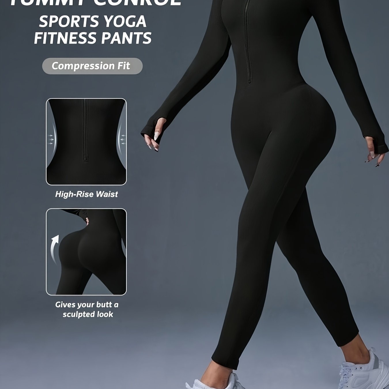 Women's Full-Length Zipper Jumpsuit - Full-Body Compression-like Fit (Tummy Control) - High-Elasticity Slim-Fit Long Sleeve Athleisure Suit for,, Dance - All-Season Outfit ( swear) - Easy-Care (No Bulk) -