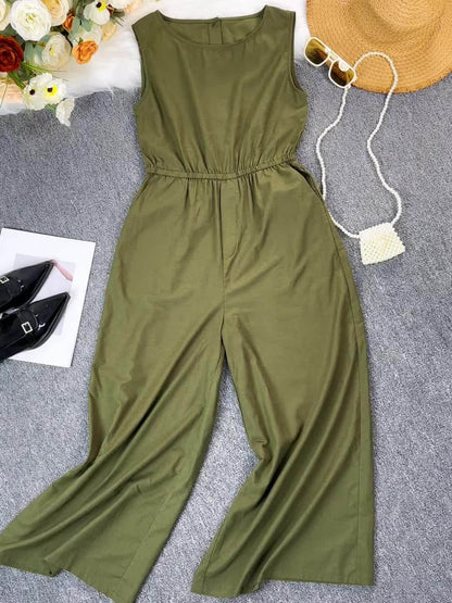 2025 New Women's Olive Green -Linen Sleeveless Casual Dress with Button Front - Round Neck Machine-Washable Summer Dress for Spring/Summer Outfits