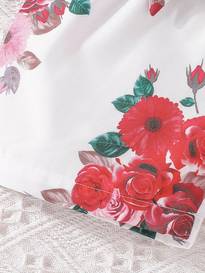 Girls' Summer Casual Floral Print Off-Shoulder Jumpsuit with Adjustable Waist Belt - Lightweight Breathable Shorts for Outdoor Play & Daily Wear, Blue & White Flower Design, Perfect for Weekend Outings, Cute Outfits for Girls