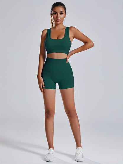 Women'S Seamless Sports Yoga Set, Summer New High Stretch Knit Fabric, Solid Color Polyamide 90% Elastane 10%, Short Length Fitness Gym Wear with Backless Bra and Butt Lifting Yoga Pants