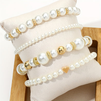 4pcs Set Real-Looking Faux Imitation Pearl Bracelet & Necklace-like Bead Set (No Coating) - White & Imitation Pearl with Golden-Tone Caps, Matching Large Beads - Wedding, Party, Daily Wear - Luxury Year-Round Collection for W