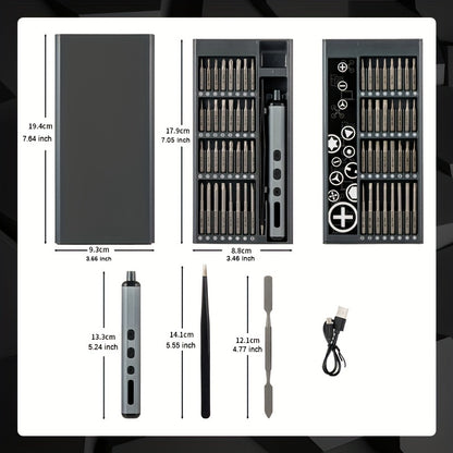 Chave de fendas elétrica 68 em 1 melhorada com 5 níveis de binário (0,1-0,5 Nm), conjunto de precisão com bateria recarregável de 350 mAh e luz LED, ferramenta para reparações domésticas em telemóveis, relógios, câmaras e computadores portáteis.