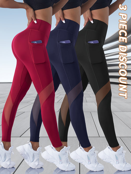 3pcs Women'S High-Waist Yoga Pants, Polyester & Spandex Blend, Sports Style, Solid Color, High Stretch, Breathable Mesh, with Pockets for All-Season Fitness Leggings