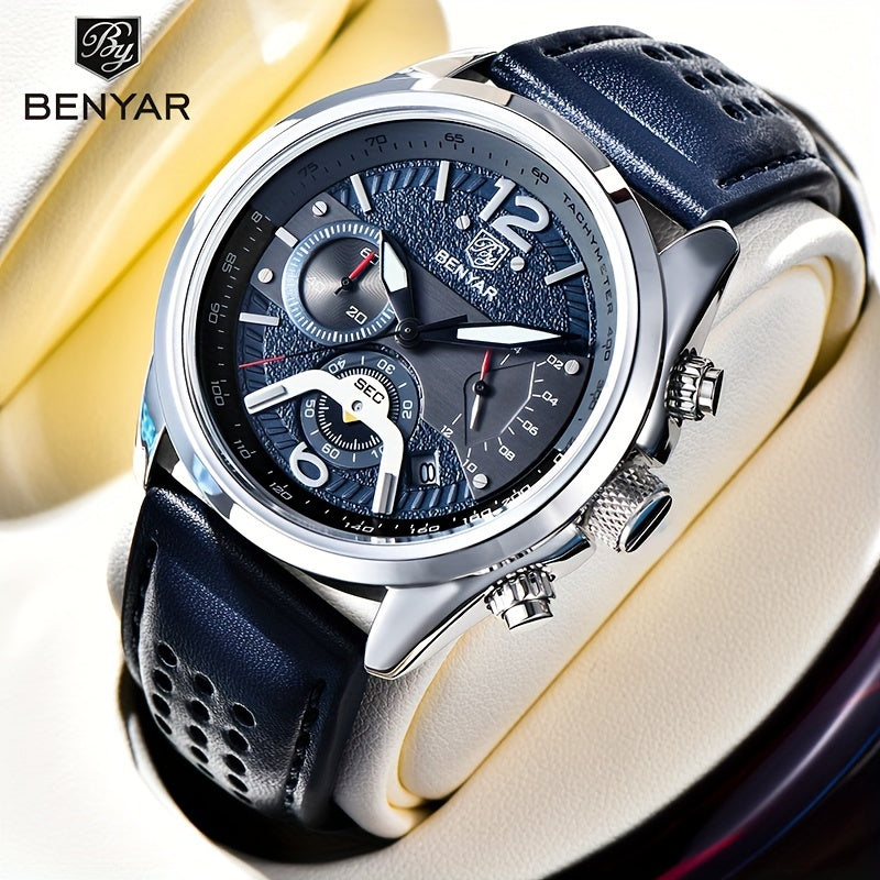 BENYAR Men's Quartz Chronograph Watch with Faux Leather Strap, 30m Waterproof, Fashionable Sport and Business Design, Elegant Gift for Men, Multifunctional, Calendar