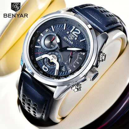 BENYAR Men's Quartz Chronograph Watch with Faux Leather Strap, 30m Waterproof, Fashionable Sport and Business Design, Elegant Gift for Men, Multifunctional, Calendar