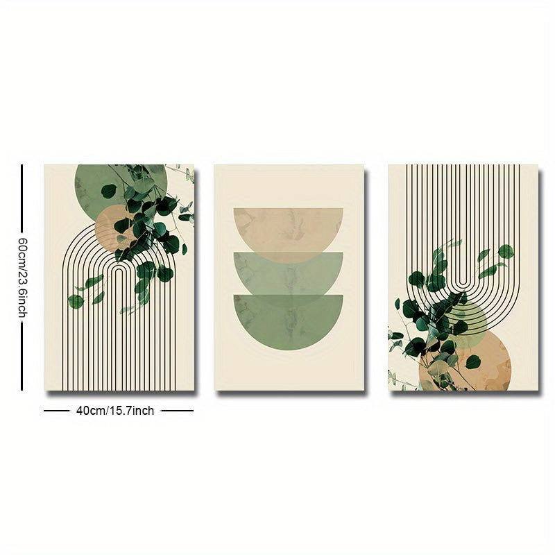 3pcs Boho Green Plant Eucalyptus Leaf Geometry Graphic Art Poster - Retro Canvas Print For Modern Wall Decor In Living Room And Home