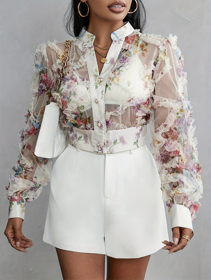 Floral Pattern Frill Trim Mesh Blouse, Sexy Long Sleeve Button Up Sheer Blouse, Women's Clothing