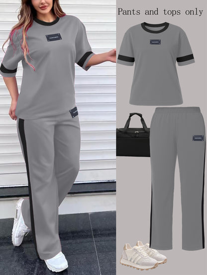 Autumn Fashion Trend: Color-Block Round Neck Short Sleeve T-Shirt + Casual Loose-Fit Elastic Waist Straight-Leg Pants Women's Two-Piece Set