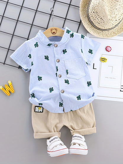 2pcs Baby Boys Dinosaur Print Button Short Sleeve Shirt Top &amp; Elastic Waist Shorts Set Toddler Summer Clothes For Daily &amp; Outdoor Wear