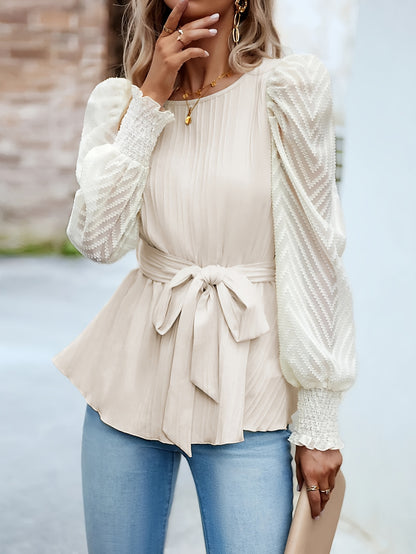 Mesh Stitching Crew Neck Belted Blouse, Elegant Long Sleeve Blouse For Spring & Fall, Women's Clothing