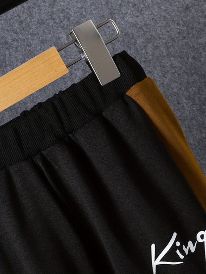 European and American Children's Clothing Boy's Long Pants Suit Medium and Large Children's Printed Letter King Contrast Color Sweatshirt and Long Pants Suit