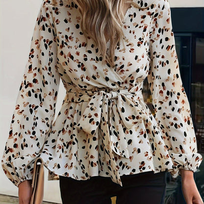 Allover Print Tie Waist Blouse, Vintage V-neck Lantern Sleeve Blouse For Spring & Fall, Women's Clothing