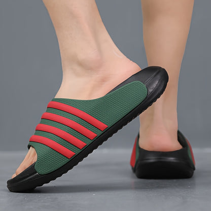 Chinelo unissexo casual às riscas, bico redondo, sola macia em EVA antiderrapante e antirriscos, ideal para caminhadas, atividades ao ar livre e uso diário.