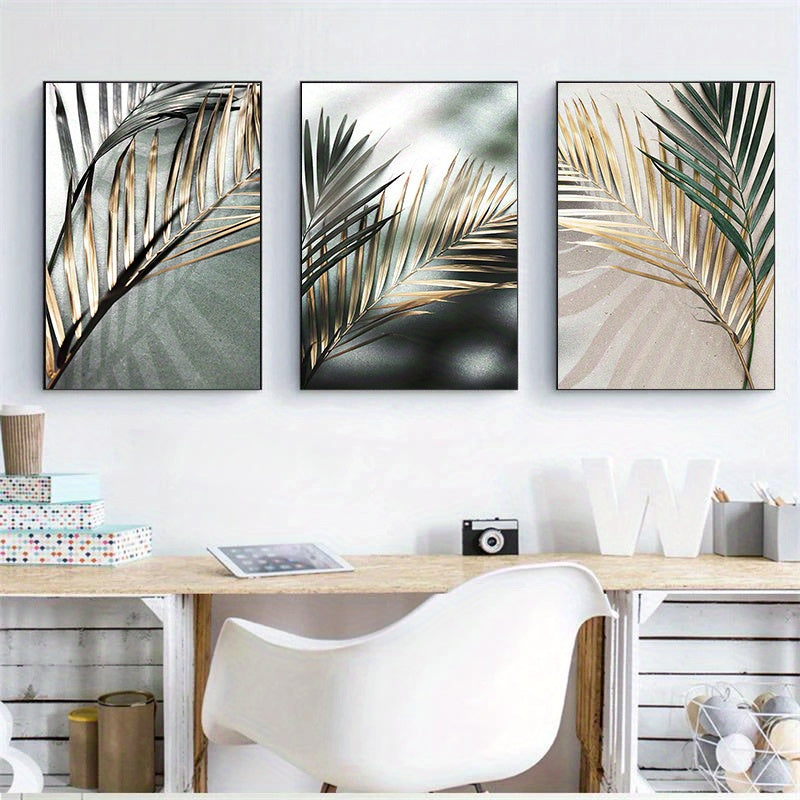3pcs Nordic Botanical Wall Art - Golden Palm Leaf Plant Canvas Painting - Scandinavian Decor - Home Decor - No Frame