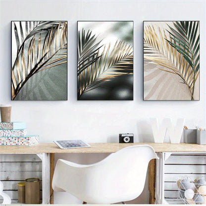 3pcs Nordic Botanical Wall Art - Golden Palm Leaf Plant Canvas Painting - Scandinavian Decor - Home Decor - No Frame