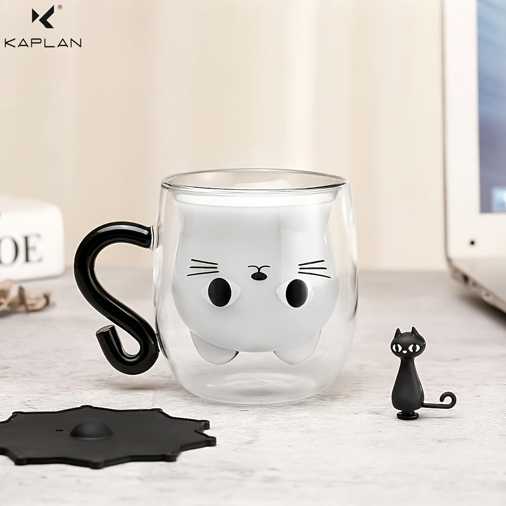 Caneca de vidro de 266 ml com encantador tema de gato - Isolamento de parede dupla, chávena de café de borosilicato sem chumbo com pega - Presente perfeito para amantes de gatos, mulheres, professores e amigos.
