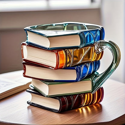 1pc Hand-Painted Book Stack Design Coffee Mug - 7/12oz Stackable Glass Cup with Vibrant Blue, Orange, Red & Yellow Stained Glass Art, Reusable Novelty Gift for Book Lovers, Librarians, Women'S Book Clubs & Literature Enthusia