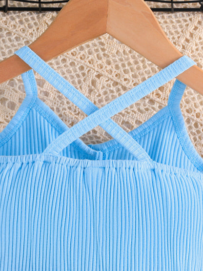 Girls' Summer Casual Floral Print Off-Shoulder Jumpsuit with Adjustable Waist Belt - Lightweight Breathable Shorts for Outdoor Play & Daily Wear, Blue & White Flower Design, Perfect for Weekend Outings, Cute Outfits for Girls