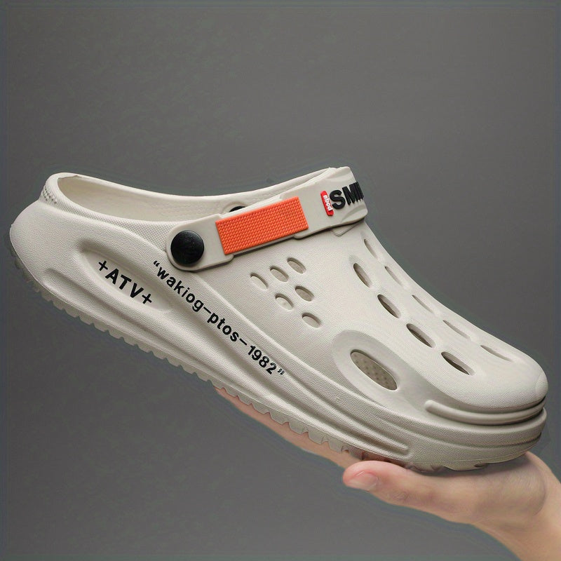 Men's Trendy Thick-Sole EVA Clogs with Alphabet Design - Slip-On, Breathable Garden Shoes with Secure Yellow Strap & "SMN WALKING PROS" Insole Print for Outdoor Comfort, Chunky Shoes