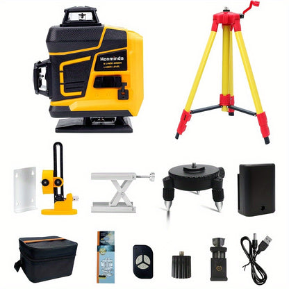 Honminda 16-Line 360° Self-Leveling Laser Level with Green Beam, 4x360° Vertical/Horizontal Cross Lines, Rechargeable Battery & Remote Control, Lifting Base & Tripod Included for Construction, Photography, Videography, Vide