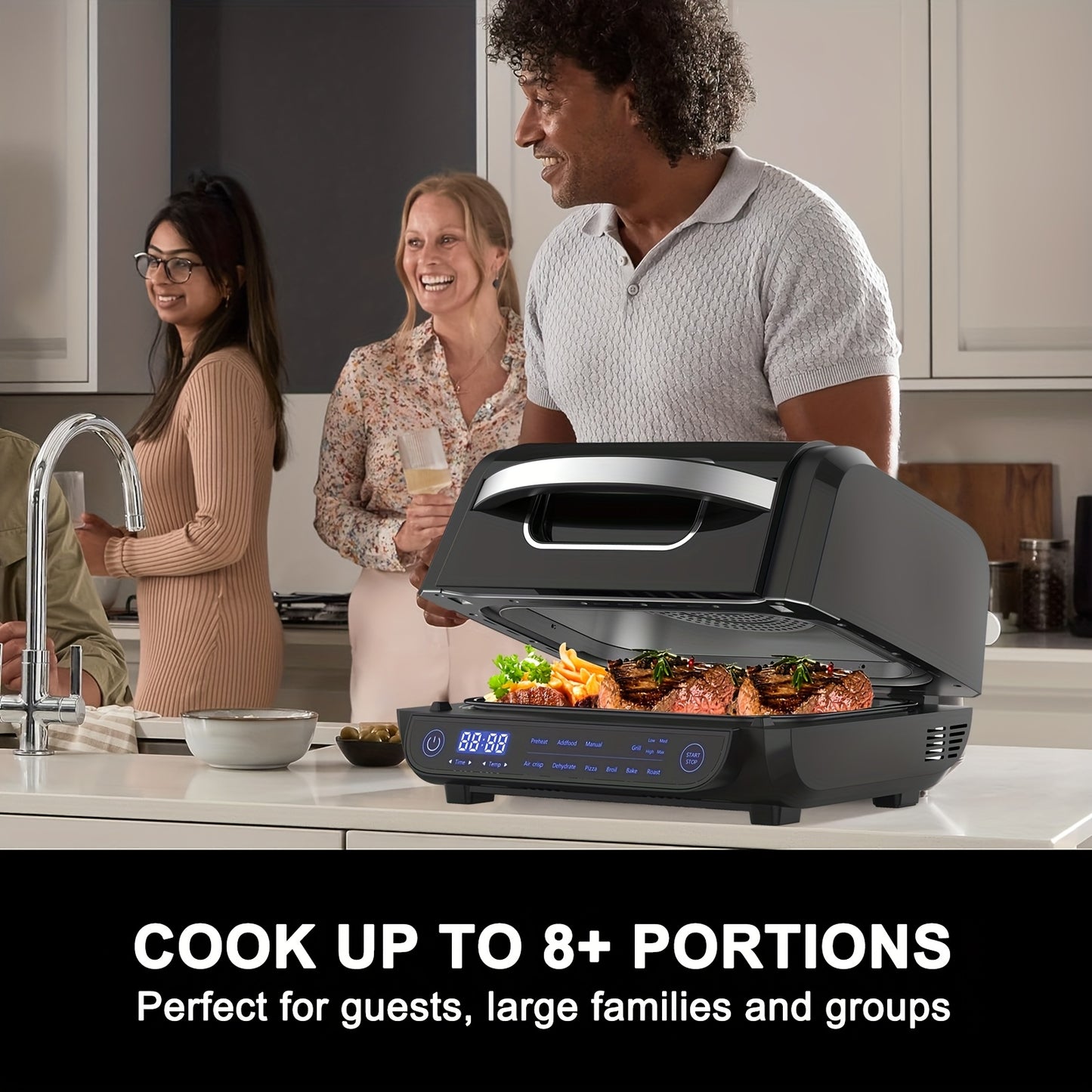 8-in-1 Grill Hot Air Fryer, 6L Capacity Airfryer, Electric Grill with Touch Control, 120-Minute Timer, 1700W, Black